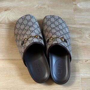 Gucci Beige and Black Mules with Gold Accent